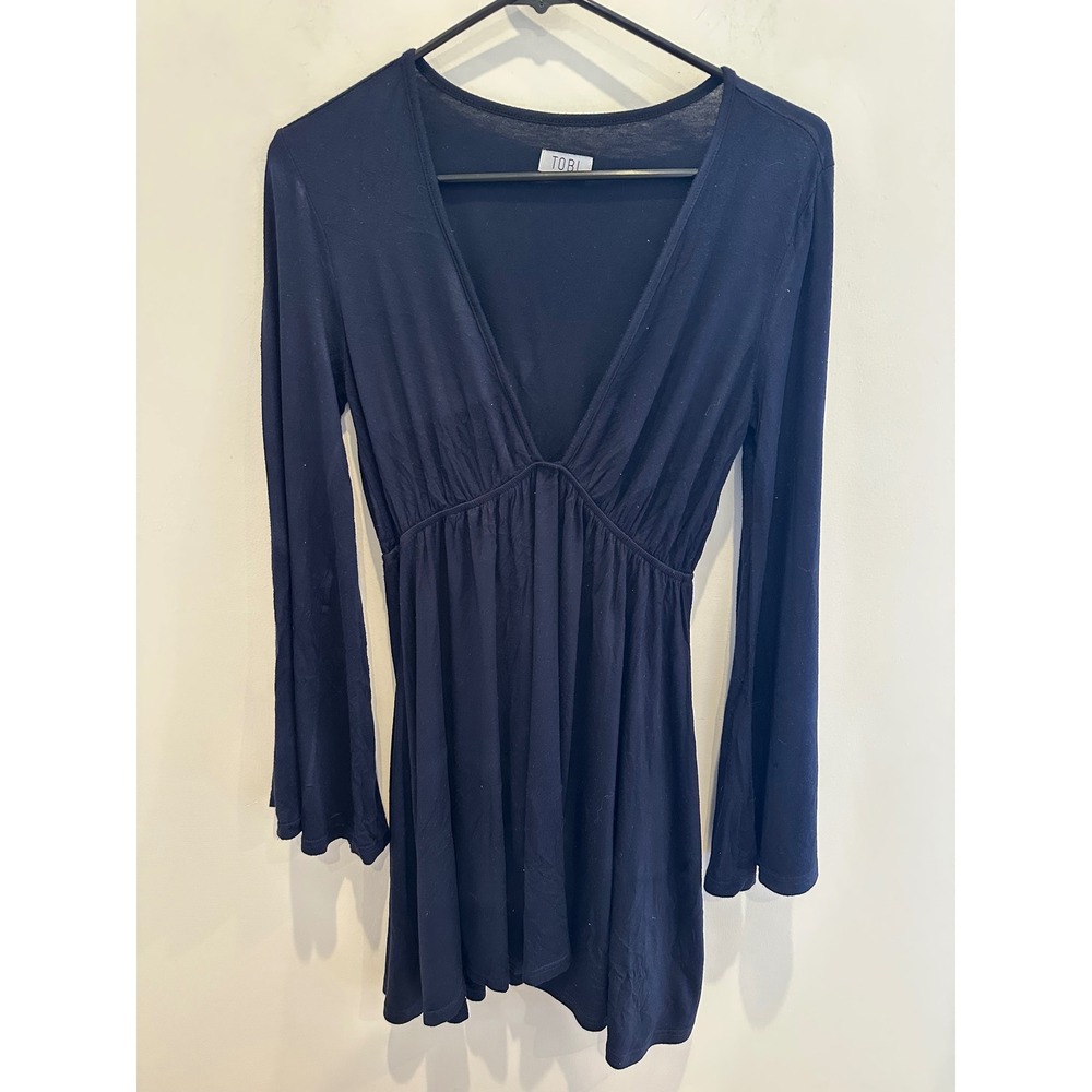 Tobi Black Deep V-Neck Empire Waist Bell Sleeve Mini Dress Medium Boho Rayon